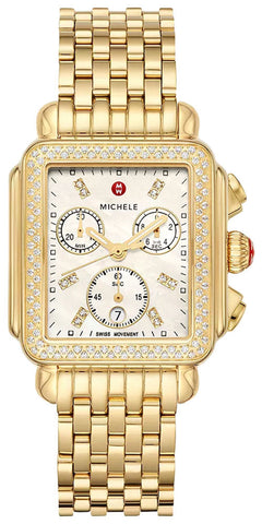 Michele Deco Chronograph 18K Gold-Plated Steel Diamonds Mother-of-Pearl Dial Date Rectangle Womens Watch MWW06A000777