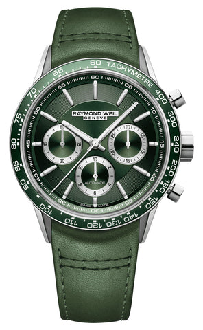 update alt-text with template Watches - Mens-Raymond Weil-7741-SC7-52021-12-hour display, 40 - 45 mm, chronograph, Freelancer, green, leather, mens, menswatches, new arrivals, Raymond Weil, round, rpSKU_7740-SC3-65521, rpSKU_7740-STC-30001, rpSKU_7741-ST1-30021, rpSKU_7741-ST3-50021, rpSKU_7741-ST7-52021, seconds sub-dial, stainless steel case, swiss automatic, Tachymeter, watches-Watches & Beyond