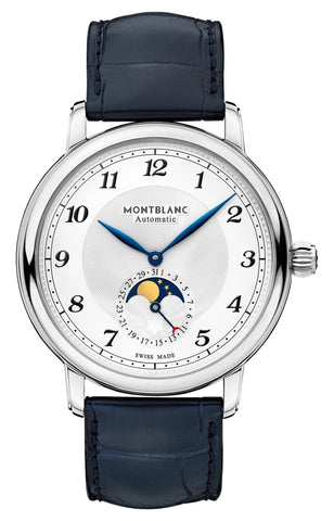 Montblanc Star Legacy Moonphase Automatic Stainless Steel White Dial Blue Leather Strap Date Mens Watch 117578 - Watches & Beyond