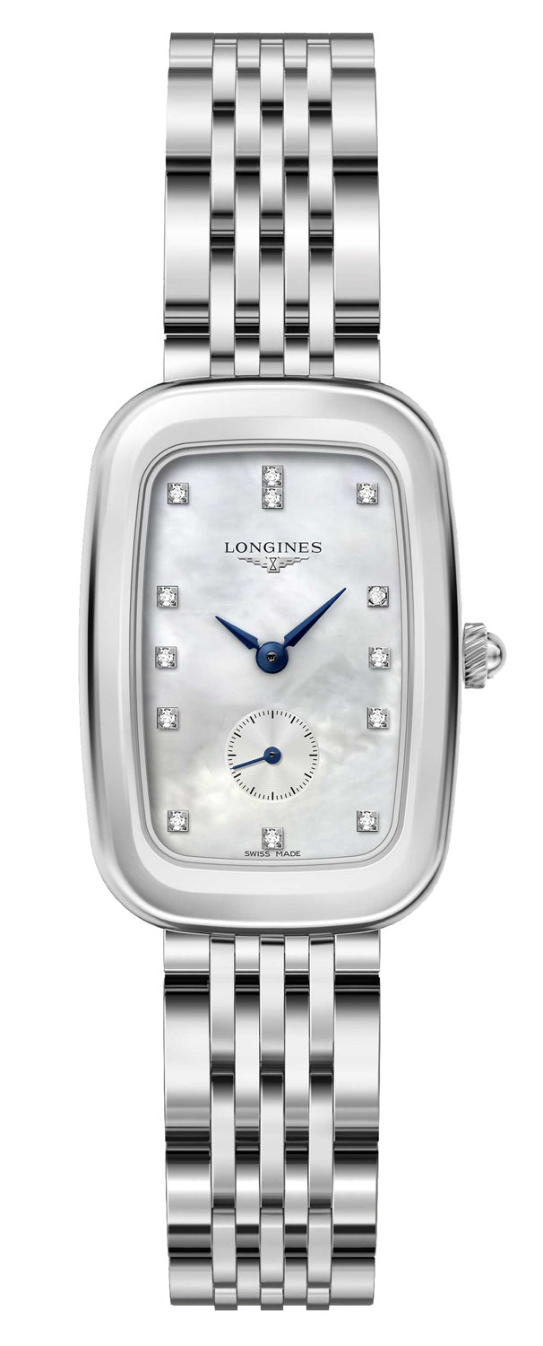 Watches - Womens-Longines-L61424876-25 - 30 mm, diamonds, Equestrian, Longines, mother-of-pearl, rectangle, seconds sub-dial, stainless steel band, stainless steel case, swiss quartz, watches, white, womens, womenswatches-Watches & Beyond