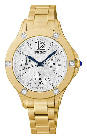 Watches - Womens-Seiko-SKY668P1-24-hour display, 30 - 35 mm, date, day, quartz, round, Seiko, silver-tone, Swarovski crystals, watches, womens, womenswatches, yellow gold plated, yellow gold plated band-Watches & Beyond