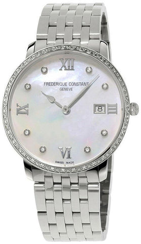 Watches - Womens-Frederique Constant-FC-220MPWD3SD6B-35 - 40 mm, date, diamonds / gems, Frederique Constant, mother-of-pearl, new arrivals, round, Slimline, stainless steel band, stainless steel case, swiss quartz, watches, white, womens, womenswatches-Watches & Beyond