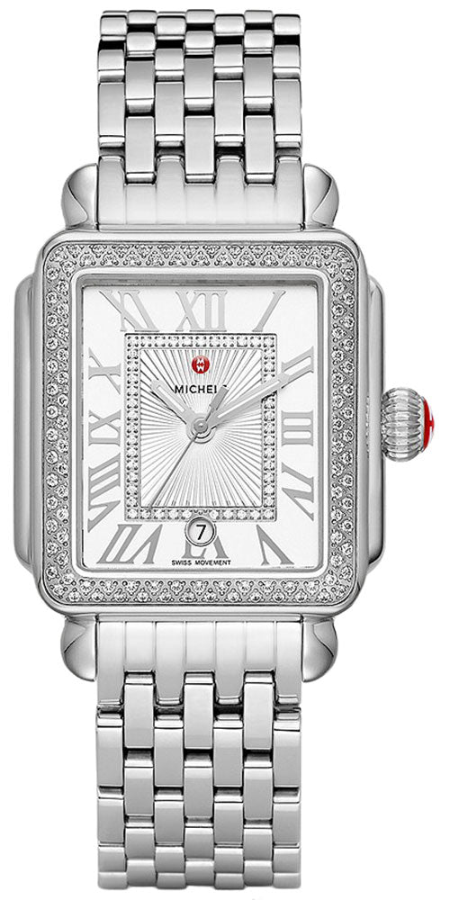 Watches - Womens-Michele-MWW06T000163-30 - 35 mm, 35 - 40 mm, date, Deco, diamonds / gems, Michele, new arrivals, rectangle, silver-tone, stainless steel band, stainless steel case, swiss quartz, watches, womens, womenswatches-Watches & Beyond