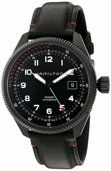 Watches - Mens-Hamilton-H76695733-40 - 45 mm, bi-directional rotating bezel, black, black PVD case, date, Hamilton, Khaki Aviation, leather, mens, menswatches, round, swiss automatic, watches-Watches & Beyond