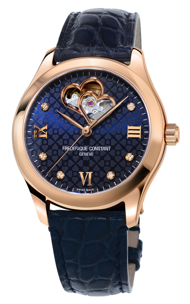 Watches - Womens-Frederique Constant-FC-310NDHB3B4-35 - 40 mm, blue, Double Heart Beat, Frederique Constant, leather, Mother's Day, open heart, rose gold plated, round, swiss automatic, watches, womens, womenswatches-Watches & Beyond