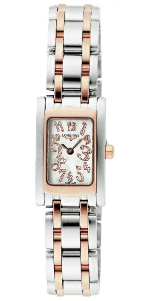 Watches - Womens-Longines-L51585977-25 - 30 mm, DolceVita, Longines, mother-of-pearl, new arrivals, rectangle, rose gold band, stainless steel band, stainless steel case, swiss quartz, two-tone band, two-tone case, watches, white, womens, womenswatches-Watches & Beyond