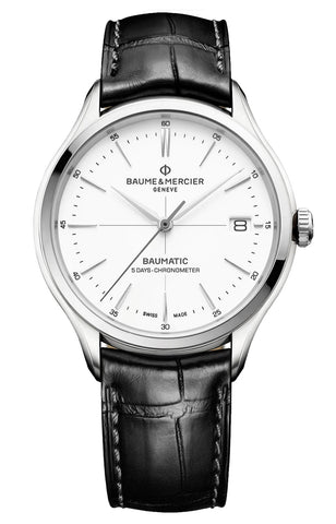 Watches - Mens-Baume & Mercier-M0A10518-35 - 40 mm, 40 - 45 mm, Baume & Mercier, Clifton, COSC, date, leather, mens, menswatches, new arrivals, round, stainless steel case, swiss automatic, watches, white-Watches & Beyond