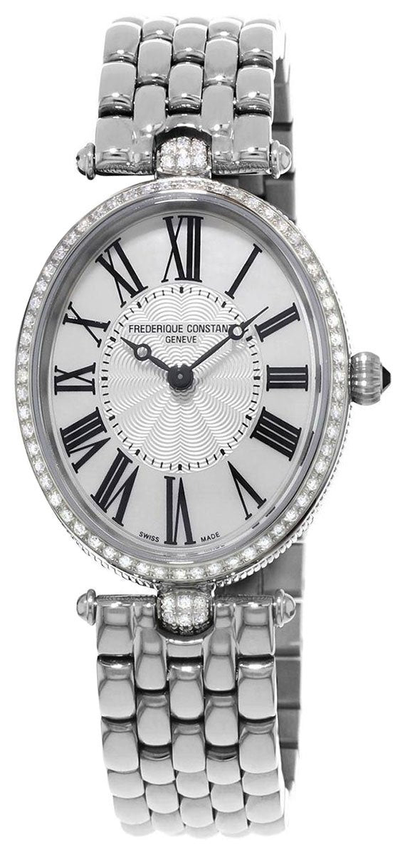 Watches - Womens-Frederique Constant-FC-200MPW2VD6B-25 - 30 mm, 30 - 35 mm, Classics Art Deco, diamonds / gems, Frederique Constant, mother-of-pearl, new arrivals, oval, stainless steel band, stainless steel case, swiss quartz, watches, white, womens, womenswatches-Watches & Beyond