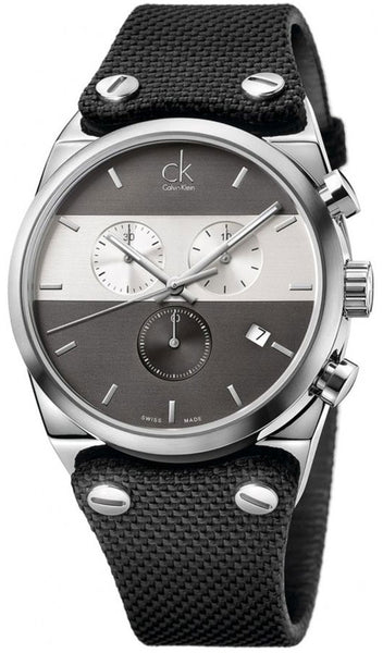 Watches - Mens-Calvin Klein-K4B371B3-40 - 45 mm, 45 - 50 mm, Calvin Klein, chronograph, date, Eager, gray, leather, mens, menswatches, nylon, seconds sub-dial, silver-tone, stainless steel case, swiss quartz, watches-Watches & Beyond