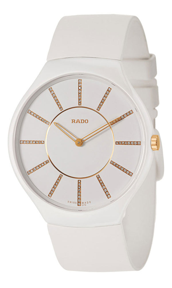 Watches - Womens-Rado-R27957709-ceramic case, diamonds, Mother's Day, Rado, round, rubber, swiss quartz, True Thinline, watches, white, womens, womenswatches-Watches & Beyond