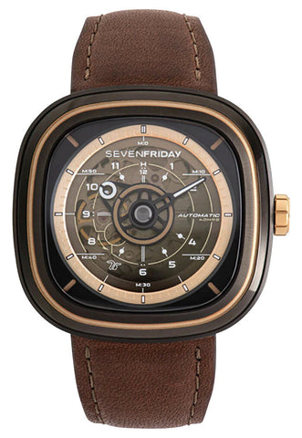 update alt-text with template Watches - Mens-SEVENFRIDAY-T2/03-45 - 50 mm, automatic, brown, gunmetal PVD case, leather, mens, menswatches, new arrivals, rpSKU_P2C/01, rpSKU_T1/08, rpSKU_T1/09, rpSKU_T2/06, rpSKU_T3/03, SevenFriday, skeleton, square, T-Series, watches-Watches & Beyond