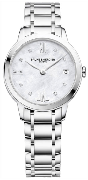 Watches - Womens-Baume & Mercier-M0A10326-30 - 35 mm, Baume & Mercier, Classima, date, diamonds / gems, mother-of-pearl, new arrivals, round, stainless steel band, stainless steel case, swiss quartz, watches, white, womens, womenswatches-Watches & Beyond