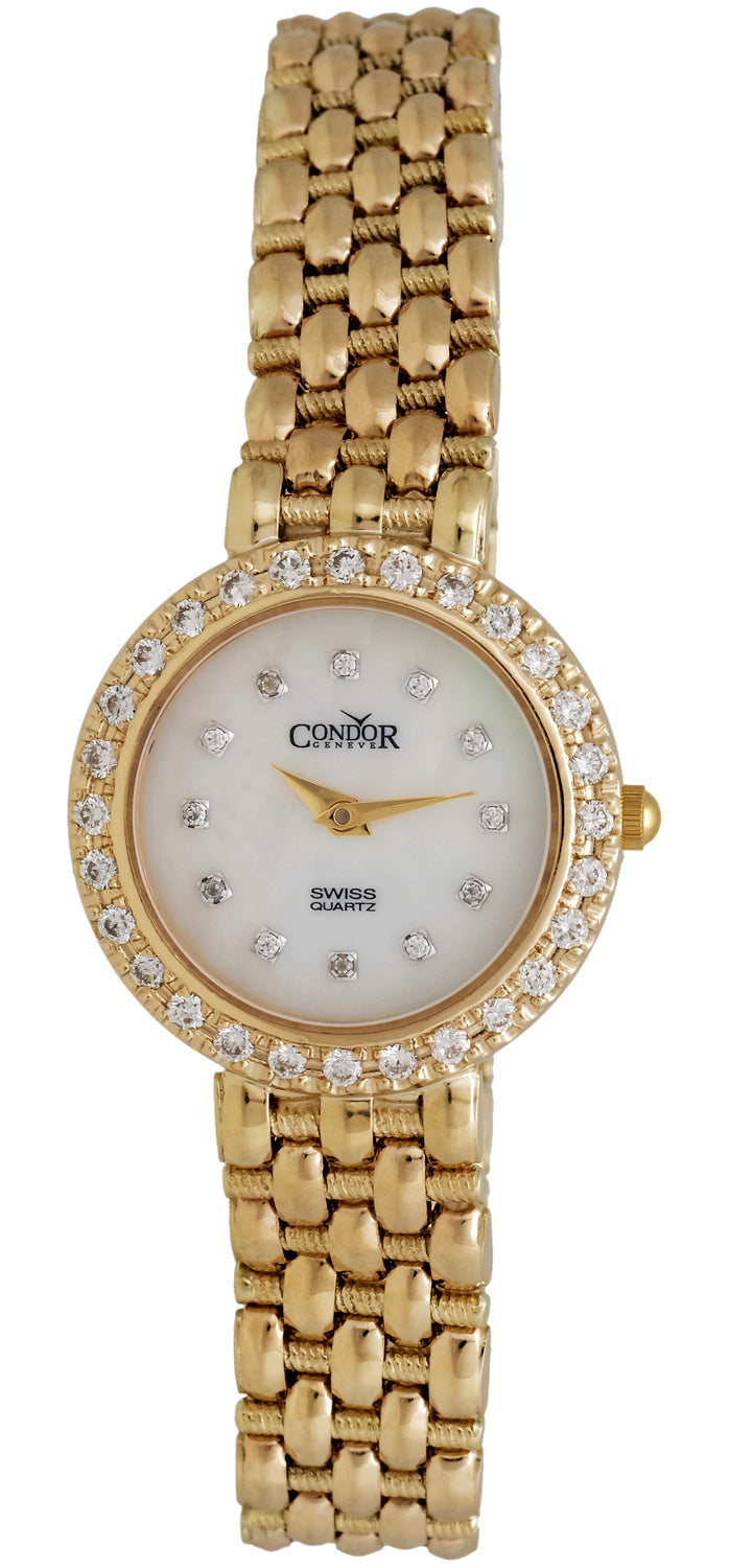 Watches - Womens-Condor-C28DPMOP-20 - 25 mm, 25 - 30 mm, Condor, diamonds, Mother's Day, mother-of-pearl, round, watches, white, womens, womenswatches, yellow gold band, yellow gold case-Watches & Beyond