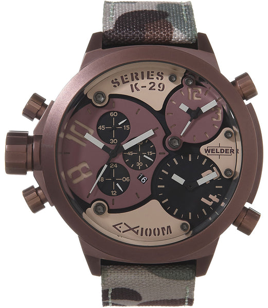 Welder by U-Boat K29 Triple Time Zone Chronograph Camouflage Strap Brown Steel Mens Sport Watch K29-8005
