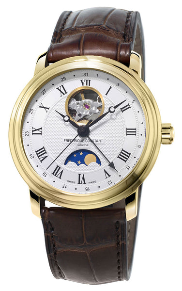 Frederique Constant Classics Heart Beat Moonphase Gold Tone Steel Automatic Silver Dial Brown Leather Strap Mens Watch FC-335MC4P5