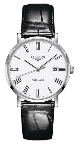 Longines Elegant Automatic Stainless Steel White Dial Black Leather Strap Date Mens Watch L4.910.4.11.2