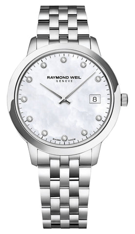 Raymond Weil Toccata Stainless Steel Mother-Of-Pearl Dial Date Diamonds Quartz Womens Watch 5385-ST-97081