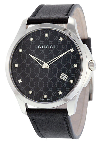 Gucci G-Timeless Stainless Steel Black Dial Black Leather Strap Date Diamonds Quartz Unisex Watch YA126305