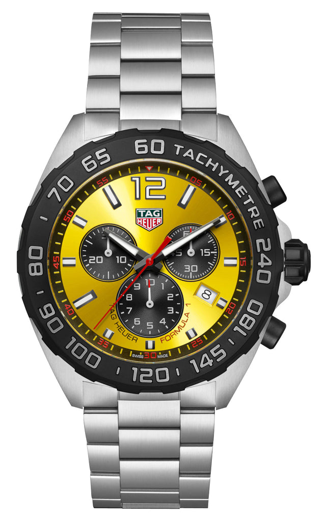 TAG Heuer Formula 1 Chronograph Stainless Steel Yellow Dial Date Divers Quartz Mens Watch