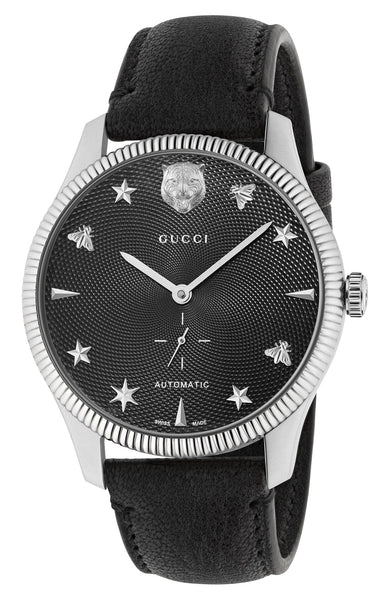 Gucci G-Timeless Automatic Stainless Steel Black Dial Black Leather Strap Mens Watch YA126365