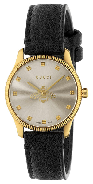 Gucci G-Timeless Yellow Gold PVD Silver Dial Black Leather Strap Quartz Womens Watch YA1265023