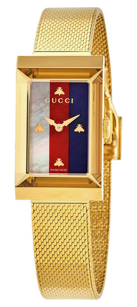 Gucci G-Frame Yellow Gold PVD Steel Mesh Multicolored Mother-Of-Pearl Dial Quartz Womens Watch YA147410