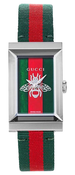 Gucci G-Frame Stainless Steel Green/Red Mother-Of-Pearl Dial Green/Red Nylon Strap Quartz Womens Watch YA147413