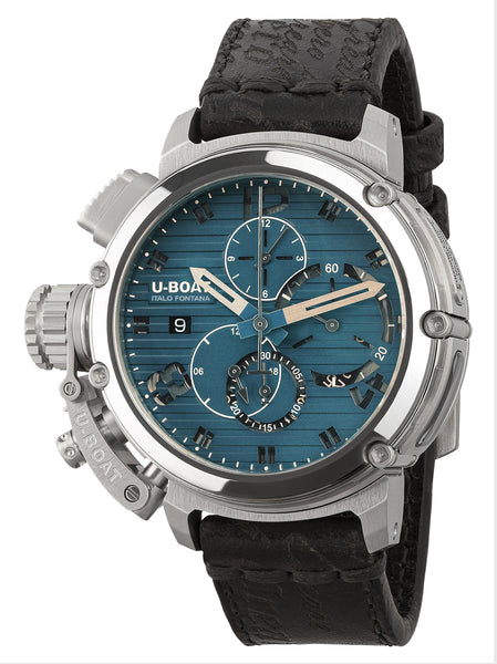Limited Edition U-Boat Chimera Automatic Chronograph Stainless Steel Blue Dial Black Leather Strap Date Mens Watch 9589