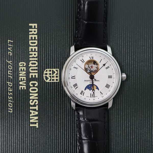 Frederique Constant Classics Heart Beat Moonphase Automatic Silver Dial Black Leather Strap Mens Watch FC-335MC4P6