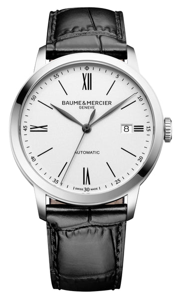 Baume & Mercier Classima Automatic Stainless Steel White Dial Black Leather Strap Date Mens Watch M0A10874