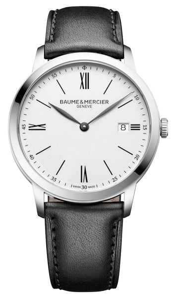 Baume & Mercier Classima Stainless Steel White Dial Black Leather Strap Date Quartz Mens Watch M0A10884