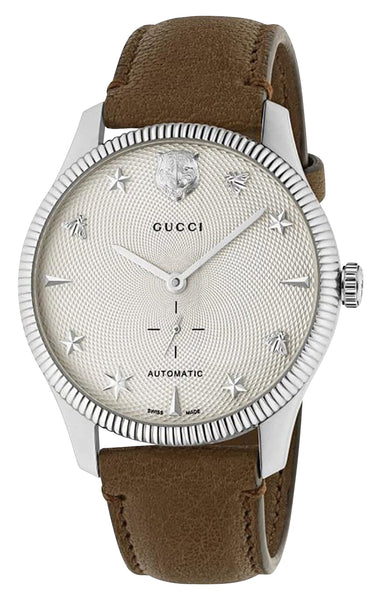 Gucci G-Timeless Automatic Stainless Steel White Dial Brown Leather Strap Mens Watch YA126361