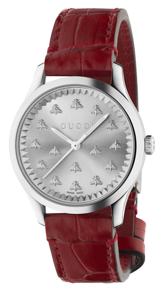 Gucci G-Timeless Stainless Steel Silver Dial Red Leather Strap Quartz Womens Watch YA1265057