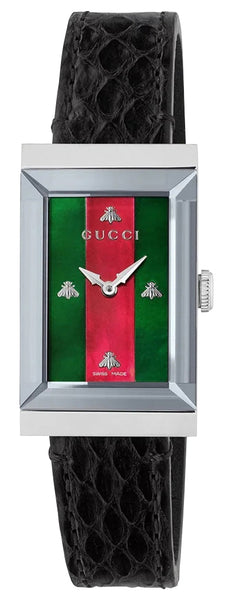 Gucci G-Frame Stainless Steel Green/Red Mother-Of-Pearl Dial Black Leather Strap Quartz Womens Watch YA147403