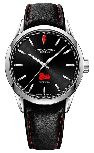 Limited Edition Raymond Weil Freelancer "David Bowie" Automatic Stainless Steel Black Dial Black Leather Strap Mens Watch 2731-STC-BOW01