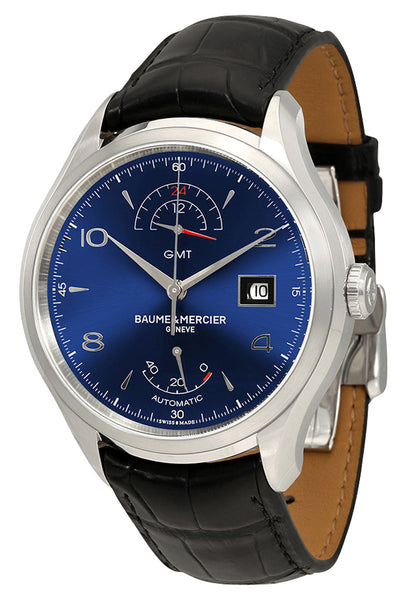 Baume & Mercier Clifton GMT Automatic Stainless Steel Blue Dial Black Leather Strap Date Power Reserve Mens Watch M0A10316