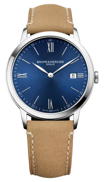 Baume & Mercier Classima Stainless Steel Blue Dial Brown Leather Strap Date Quartz Mens Watch M0A10385