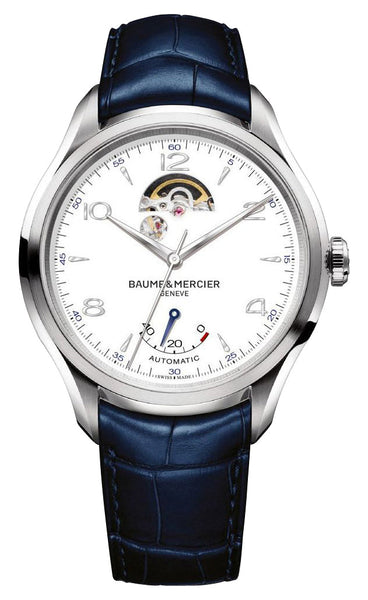 Baume & Mercier Clifton Open Heart Automatic Stainless Steel White Dial Blue Leather Strap Power Reserve Mens Watch M0A10448