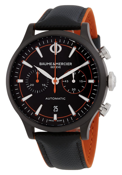 Baume & Mercier Capeland Automatic Chronograph Black ADLC Steel Black Dial Black Leather Strap Date Mens Watch M0A10452