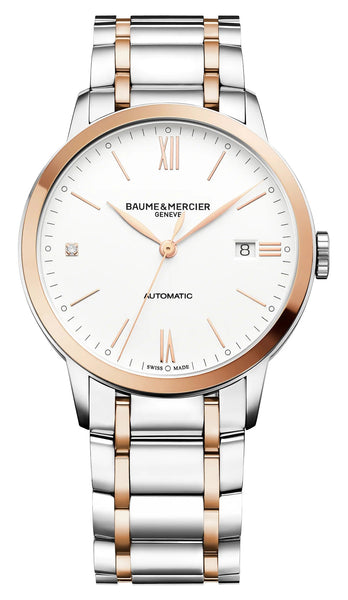 Baume & Mercier Classima Automatic 18K Rose Gold & Stainless Steel White Dial Date Diamonds Mens Watch M0A10456