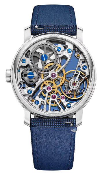 Special Edition Baume & Mercier Classima Manual Wind Stainless Steel Blue Skeleton Dial Blue Fabric Interchangeable Black Leather Strap Mens Watch M0A10735