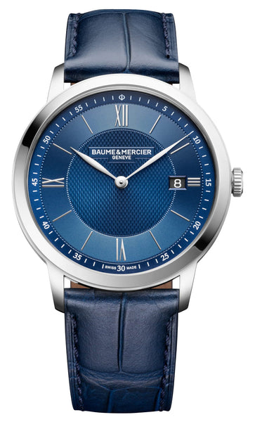 Baume & Mercier Classima Stainless Steel Blue Dial Blue Leather Strap Date Quartz Mens Watch M0A10878