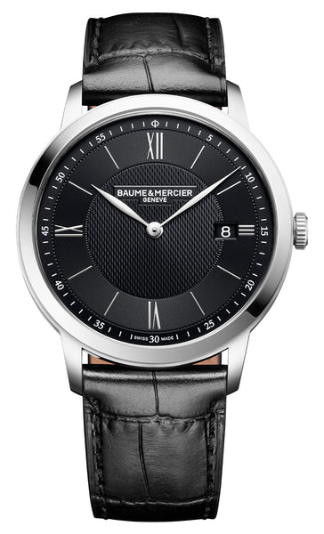 Baume & Mercier Classima Stainless Steel Black Dial Black Leather Strap Date Quartz Mens Watch M0A10881