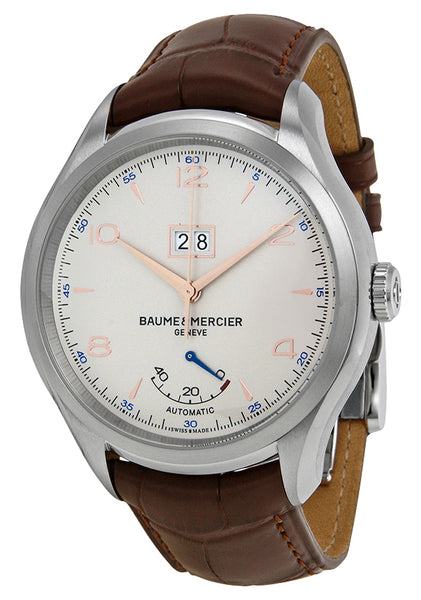 Baume & Mercier Clifton Big Date Automatic Stainless Steel Silver Dial Brown Leather Strap Power Reserve Mens Watch M0A10205