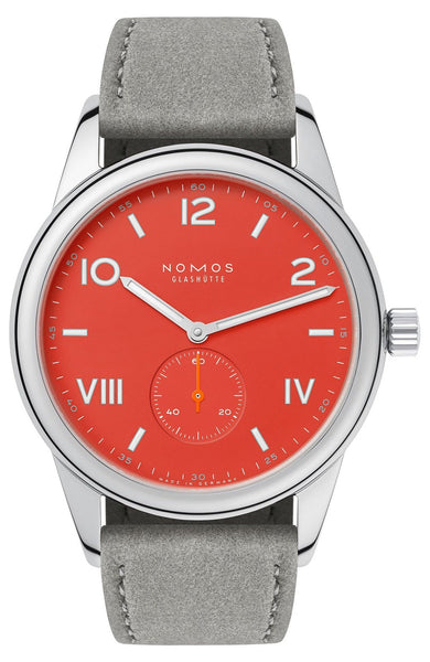 NOMOS Glashutte Club Campus 38 "Nonstop Red" Manual Wind Stainless Steel Red Dial Gray Velour Strap Mens Watch 723