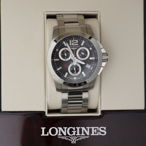 update alt-text with template Watches - Mens-Longines-L37004566-PO-12-hour display, 40 - 45 mm, black, chronograph, Conquest, date, Longines, mens, menswatches, new arrivals, pre-owned, round, rpSKU_L37004566, rpSKU_L37174569, rpSKU_L37174666, rpSKU_L37174766, rpSKU_L37784586, seconds sub-dial, stainless steel band, stainless steel case, swiss quartz, watches-Watches & Beyond