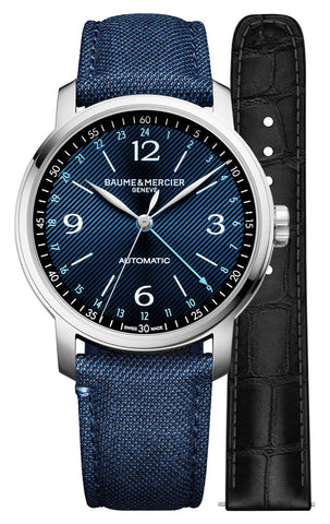 update alt-text with template Watches - Mens-Baume & Mercier-M0A10734-40 - 45 mm, Baume & Mercier, blue, Classima, dual time zone, fabric, GMT, interchangeable band, mens, menswatches, new arrivals, round, rpSKU_M0A10482, rpSKU_M0A10483, rpSKU_M0A10658, rpSKU_M0A10659, rpSKU_M0A10718, special / limited edition, stainless steel case, swiss automatic, watches-Watches & Beyond
