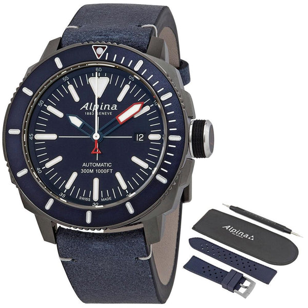 Alpina Seastrong Diver 300 Automatic Titanium PVD Case Blue Leather Strap Blue Dial Interchangeable Blue Rubber Strap Date Mens Watch AL - 525LNN4TV6 - WAB - Shipping Dept.