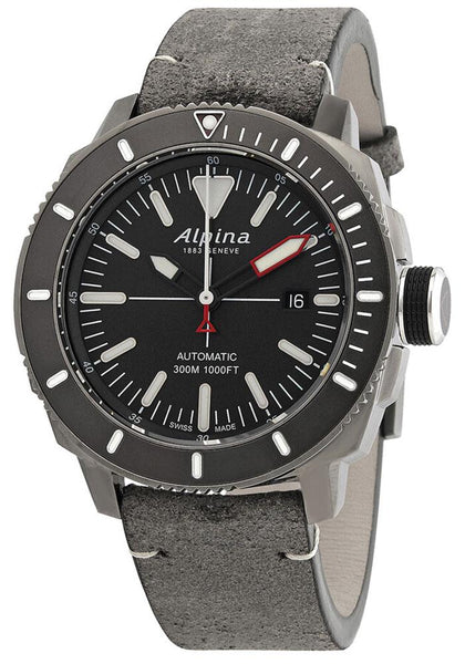 Alpina Seastrong Diver 300 Automatic Titanium PVD Case Grey Leather Strap Grey Dial Interchangeable Black Rubber Strap Date Mens Watch AL - 525LGGW4TV6 - WAB - Shipping Dept.