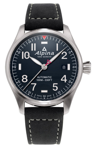 Alpina Startimer Pilot Automatic Stainless Steel Black Leather Strap Blue Dial Date Mens Watch AL - 525NN3S6 - WAB - Shipping Dept.